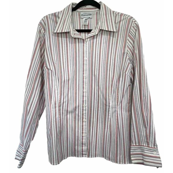 Pendleton Womens Stripe Cotton Button up Work Pink Grey Shirt‎ XL - Picture 1 of 7